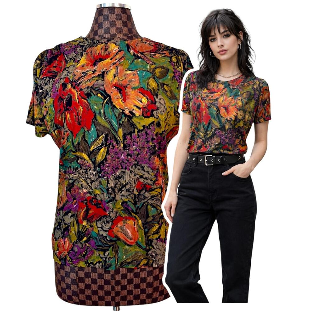 Floral Animal Print Blouse Size 8 Top Shirt Vtg 80s Casual Corner Oversized Loud
